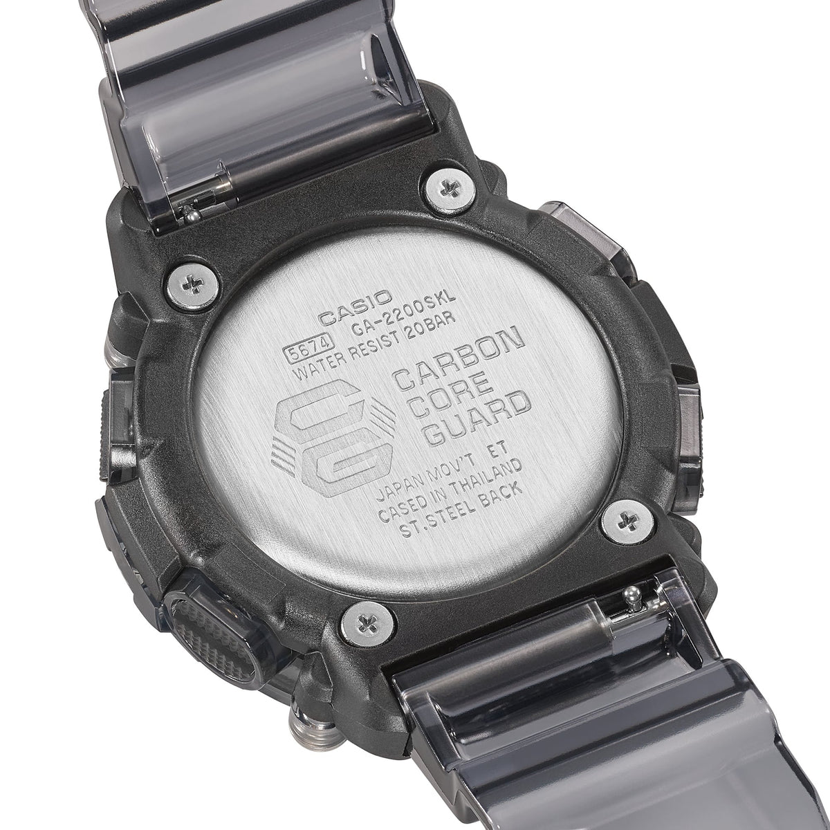 Casio G-Shock GA-2200SKL-8AER case back detail showing Carbon Core Guard engraving