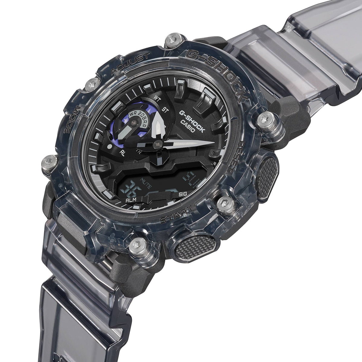 Casio G-Shock GA-2200SKL-8AER watch, 3/4 angle view highlighting side buttons and crown