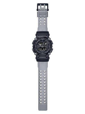 Casio G-Shock GA-900SKE-8AJR full-length view showing the grey woven-pattern strap