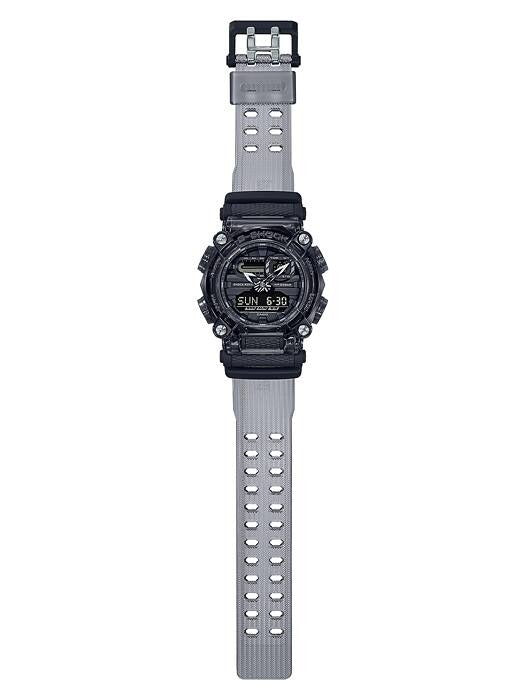 Casio G-Shock GA-900SKE-8AJR full-length view showing the grey woven-pattern strap