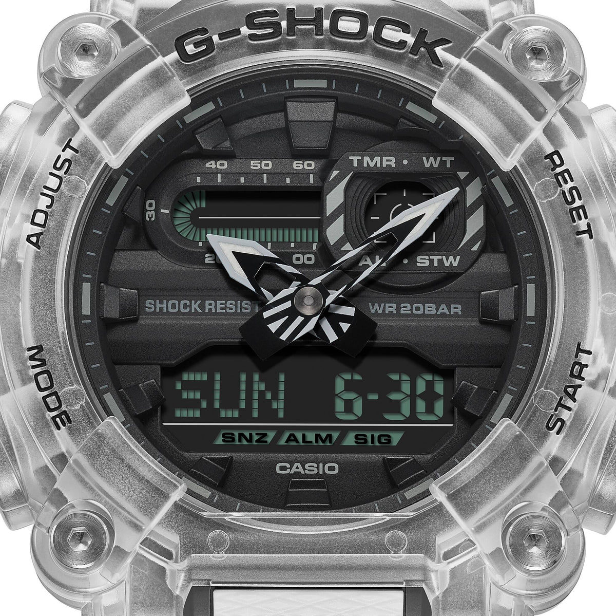 Casio G-Shock GA-900SKL-7AER dial close-up showing analog-digital display