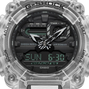 Casio G-Shock GA-900SKL-7AER dial close-up showing analog-digital display