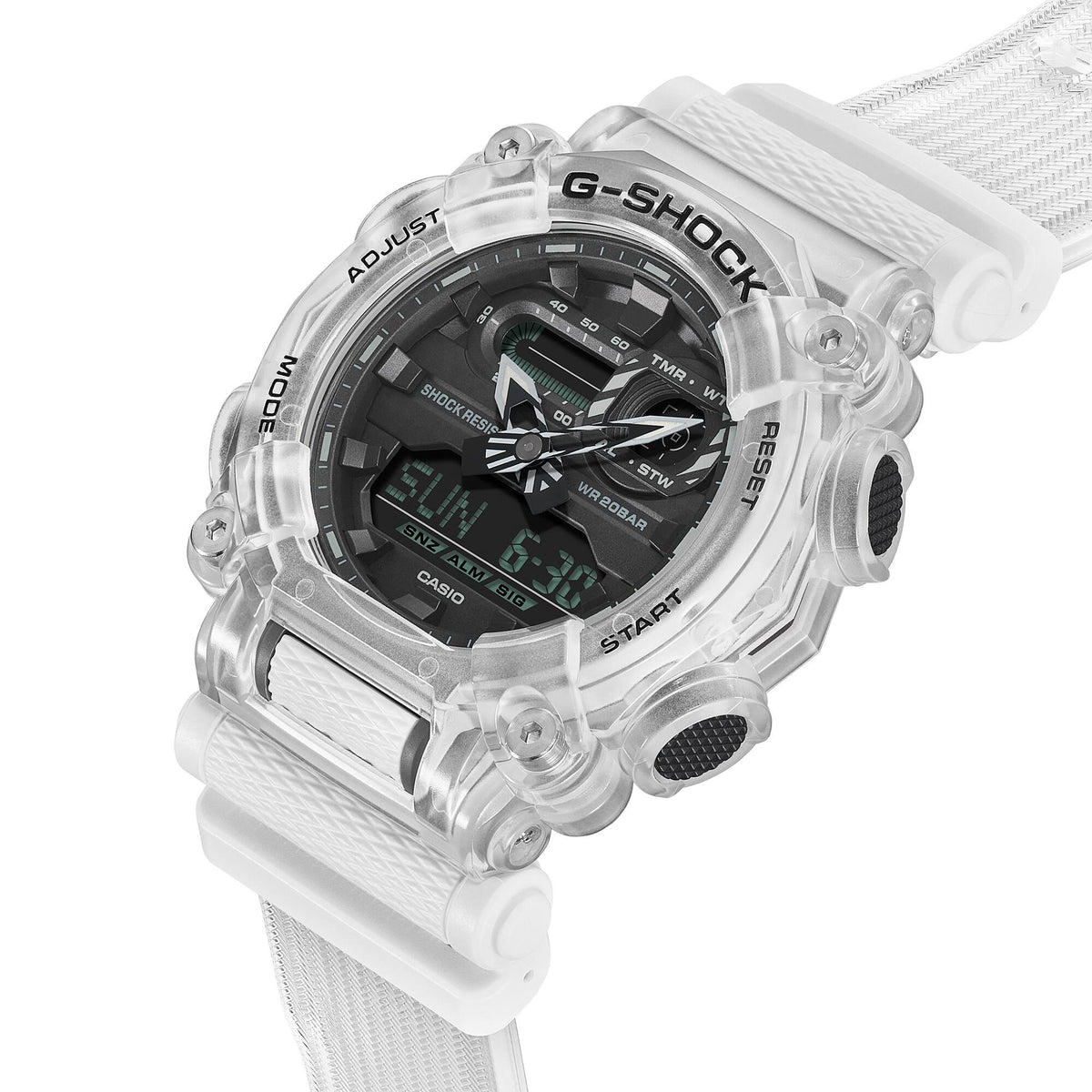 Casio G-Shock GA-900SKL-7AER case back detail showing stainless steel back