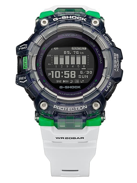 Casio G-Shock GBD-100SM-1A7ER close-up front view showing step count and monthly data screen