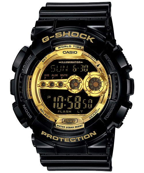 Casio G-Shock GD-100GB-1DR black watch with gold-tone digital dial, front view on white background