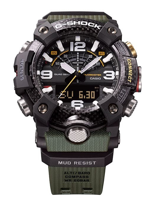 Casio G-Shock Mudmaster GG-B100-1A3DR close-up front view showing analog-digital dial