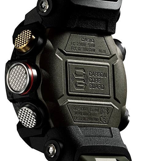 Casio G-Shock Mudmaster GG-B100-1A3DR case back detail showing Carbon Core Guard branding