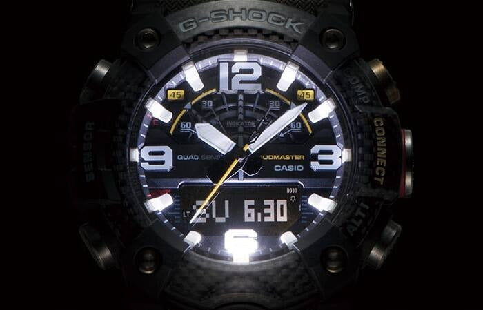 Casio G-Shock Mudmaster GG-B100-1A3DR dial illuminated in low light showing backlit display