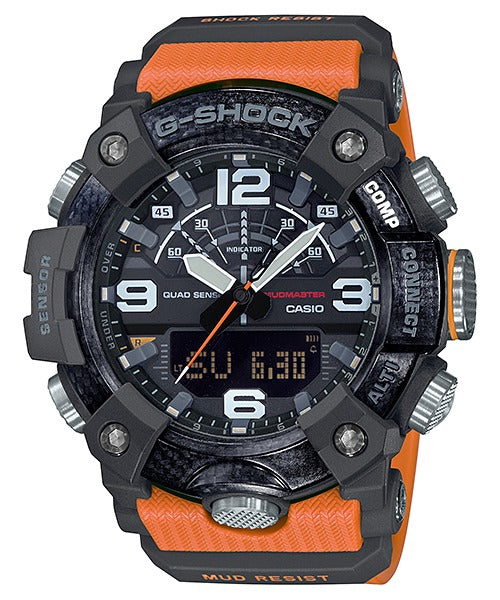 Casio G-Shock GG-B100-1A9ER black and orange Mudmaster watch, front view on white background