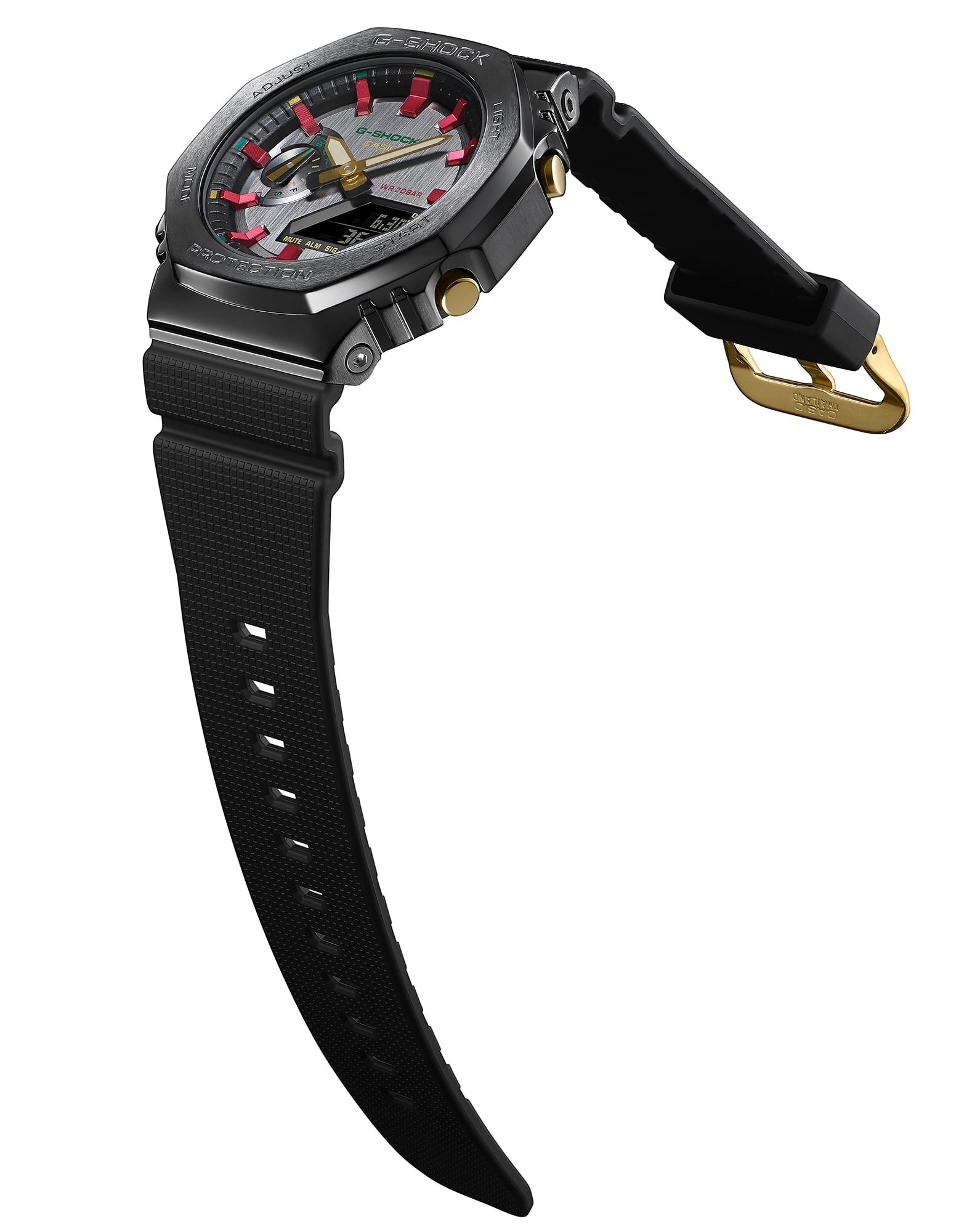 Casio G-Shock GM-2100CH-1ADR angled side view showing strap and gold buckle