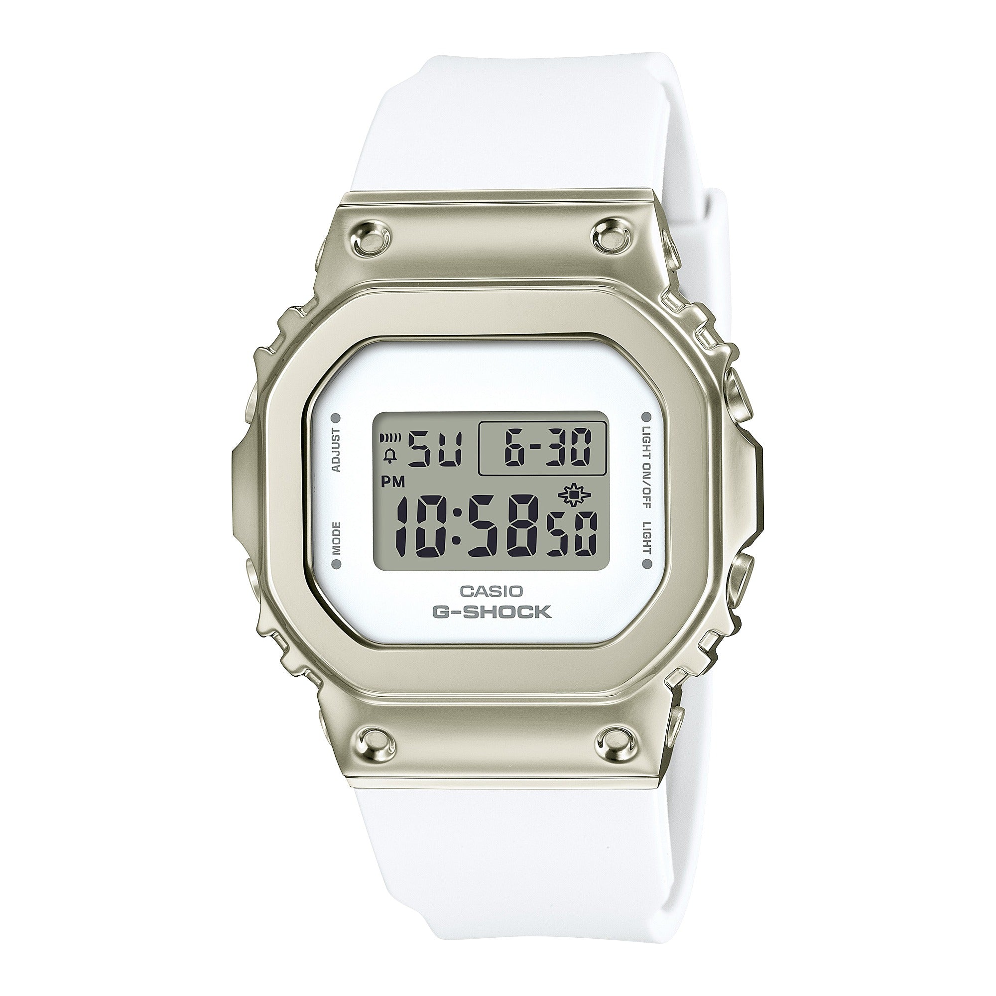 Casio G-Shock GM-S5600G-7DR white watch with champagne gold-tone metal case, front view on white background