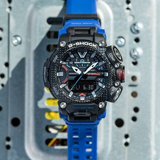 Casio G-Shock Gravitymaster GR-B200-1A2DR angled lifestyle shot on metal grate background