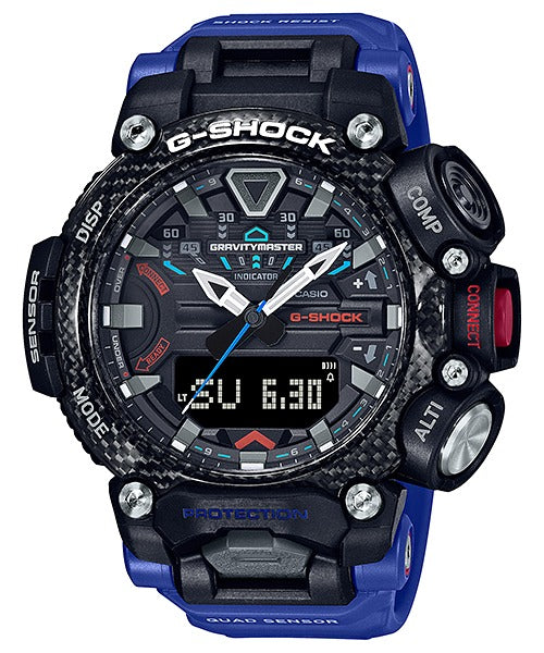 Casio G-Shock Gravitymaster GR-B200-1A2DR carbon-bezel watch, front view on white background