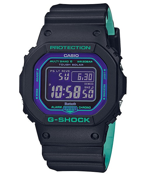 Casio G-Shock GW-B5600BL-1DR black watch with purple and teal accents, front view on white background