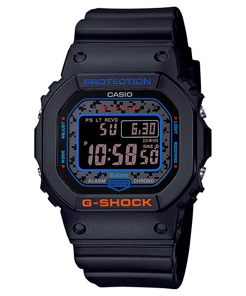 Casio G-Shock GW-B5600CT-1ER black digital watch with camo-pattern display, front view on white background