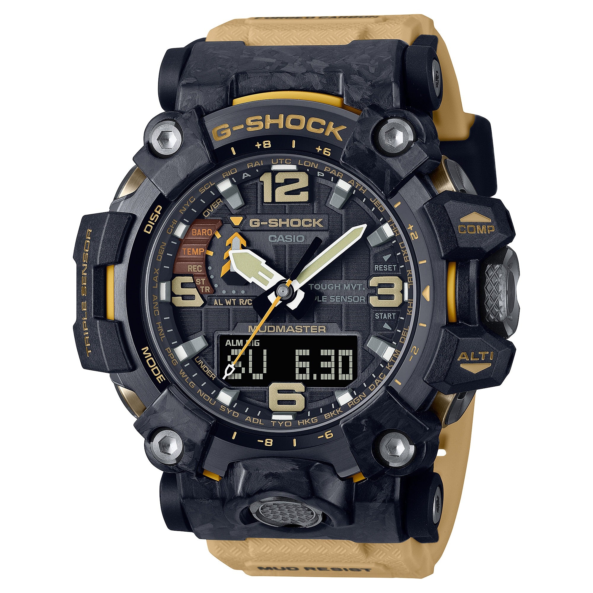 Casio G-Shock Mudmaster GWG-2000-1A5DR black and tan watch, front view on white background