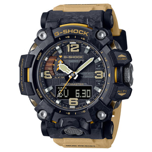 Casio G-Shock Mudmaster GWG-2000-1A5DR black and tan watch, front view on white background
