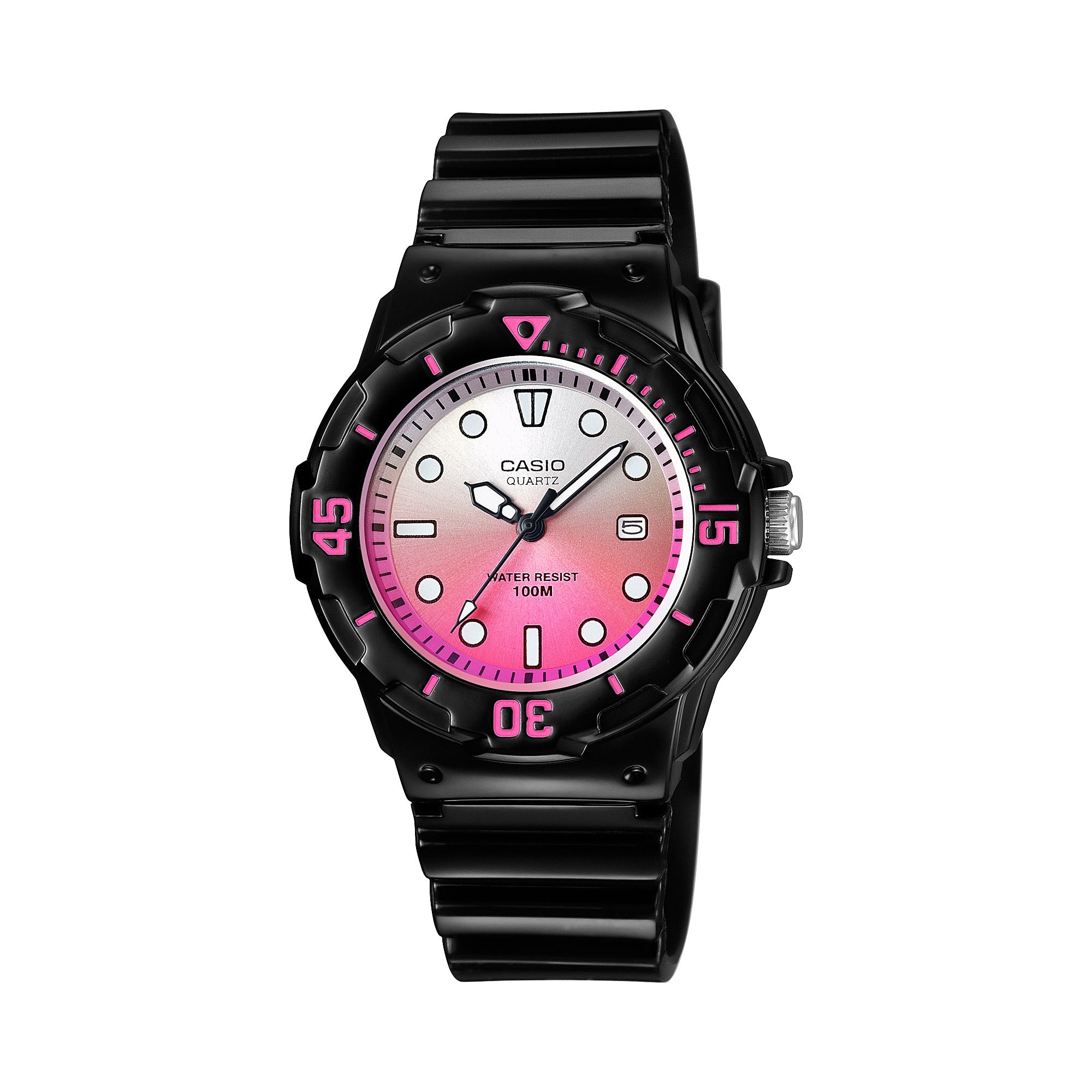 Casio LRW-200H-4EVDF black watch with pink gradient dial, front view on white background