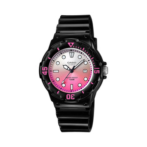 Casio LRW-200H-4EVDF black watch with pink gradient dial, front view on white background