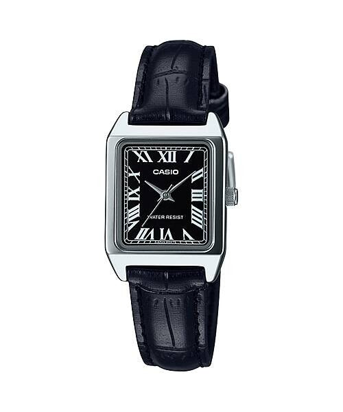 Casio Collection LTP-V007L-1BUDF analog watch with black leather strap, front view on white background