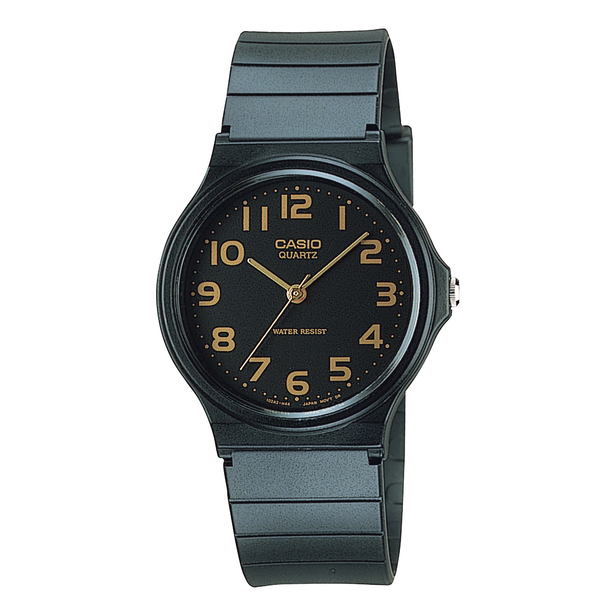 Casio Collection MQ-24-1B2LDF black watch with gold-tone dial, front view on white background