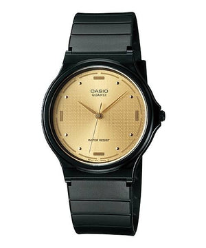 Casio MQ-76-9ALDF close-up of gold dial and black case