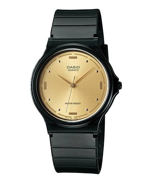 Casio MQ-76-9ALDF close-up of gold dial and black case