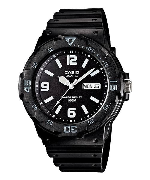 Casio MRW-200H-1B2VDF black dive-style watch with rotating bezel, front view on white background