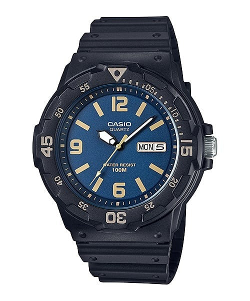 Casio MRW-200H-2B3VDF black diver-style watch with blue dial, front view on white background