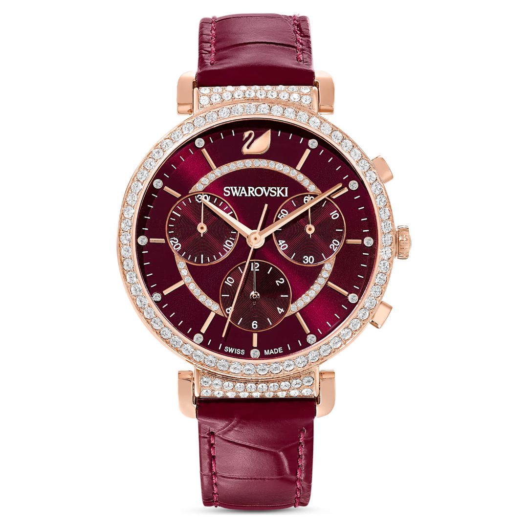 swarovski-5580345-swiss-made-leather-strap-red-rose-gold-tone-finish-passage-chrono-watch