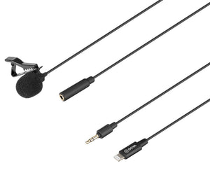 GadgetiCloud BOYA BY-M2 Clip-on Lavalier Microphone for iOS devices iPhone iPad lightning port vlogs presentations recording interview recording audio shooting video application details of the two cables 