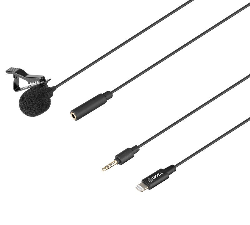 GadgetiCloud BOYA BY-M2 Clip-on Lavalier Microphone for iOS devices iPhone iPad lightning port vlogs presentations recording interview recording audio shooting video application details of the two cables 