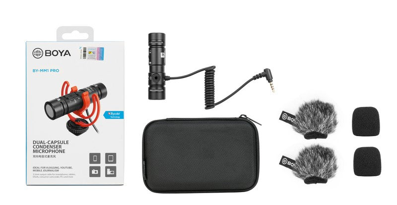 GadgetiCloud BOYA BY-MM1 PRO Dual-Capsule Condenser Microphone with anti-shock mount applications interviews package content 