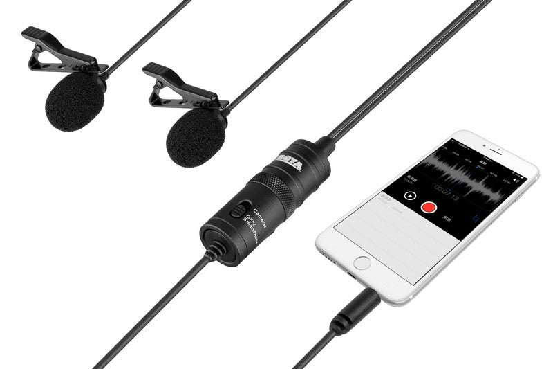 GadgetiCloud BOYA Lavalier microphones dual omni-directional mic application mobile phone smartphone iPhone connection