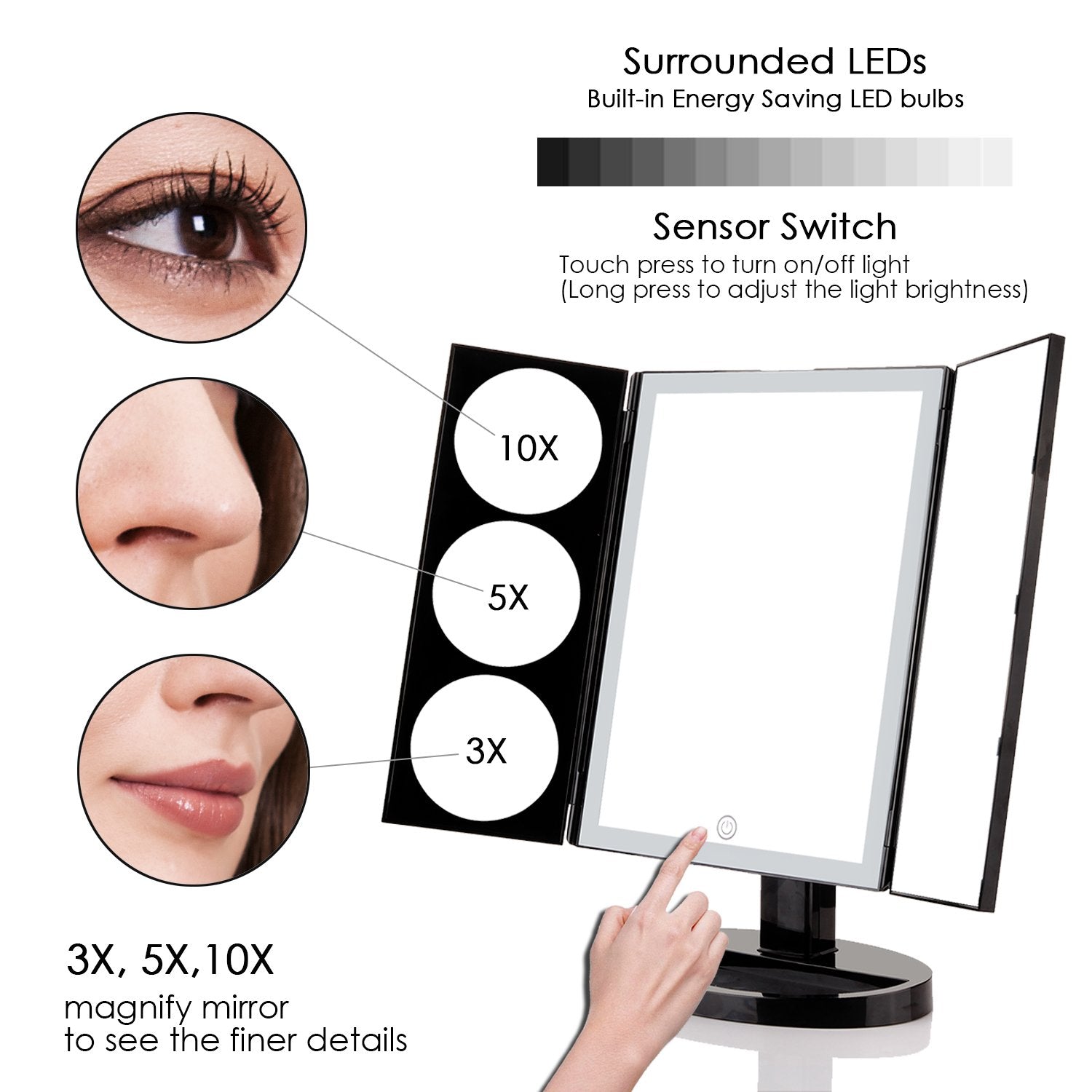 Large Lighted Trifold Vanity Makeup Mirror - 3X 5X 10X Magnification - GadgetiCloud