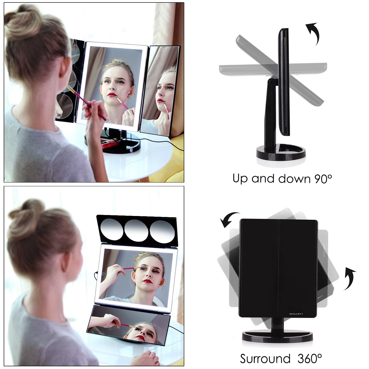 Large Lighted Trifold Vanity Makeup Mirror - 3X 5X 10X Magnification - GadgetiCloud