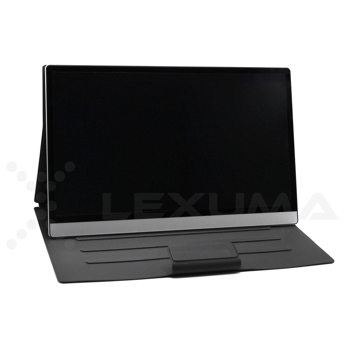 GadgetiCloud Lexuma XScreen Portable Monitor with 4K UHD touch screen perfect for dual monitor setting best portable monitor for watching video Netflix front view with stand cover