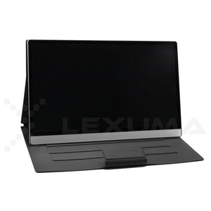 GadgetiCloud Lexuma XScreen Portable Monitor with 4K UHD touch screen perfect for dual monitor setting best portable monitor for watching video Netflix front view with stand cover